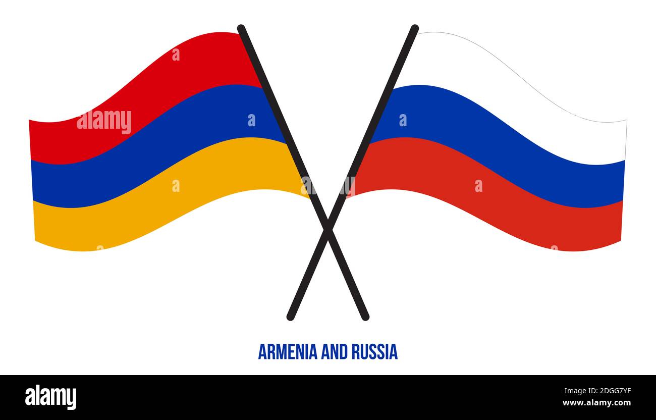 Armenia and Russia Flags Crossed And Waving Flat Style. Official