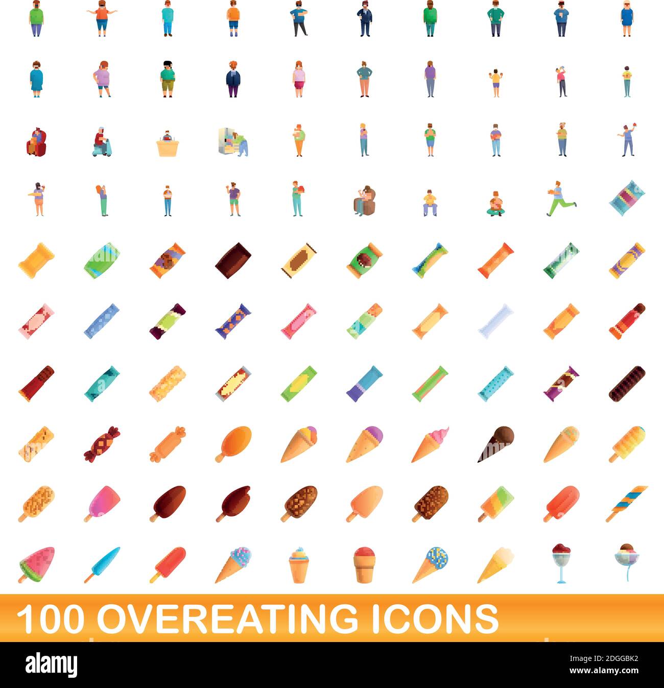 100 overeating icons set. Cartoon illustration of 100 overeating icons vector set isolated on white background Stock Vector