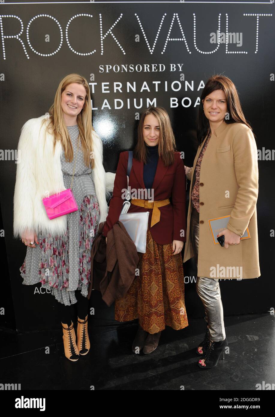 Hannah Almassi, Sophie Ferguson-Jones and friend at the London Fashion Week launch of the British Fashion Council's Rock Vault, sponsored by the International Palladium Board. Stock Photo