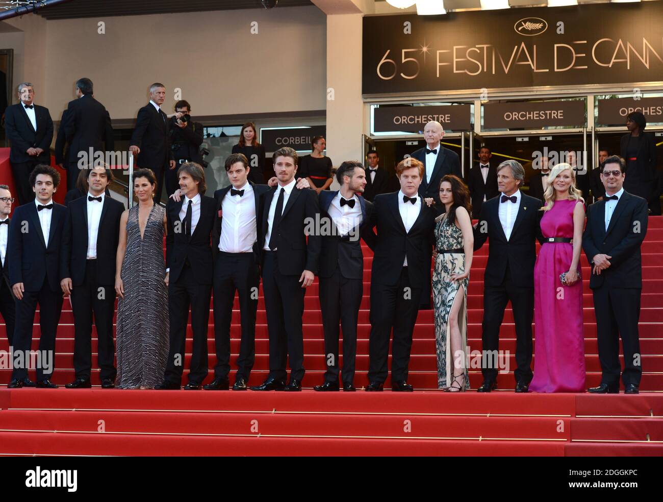 Actor Garret Hedlund, director Walter Salles, actors Tom Sturridge, Kristen Stewart, Danny Morgan, Kirsten Dunst, producer Roman Coppola, actor Sam Riley and Viggo Mortensen arriving at the Gala Screening for On the Road at the Palais de Festival. Part of the 65th Cannes Film Festival. Stock Photo
