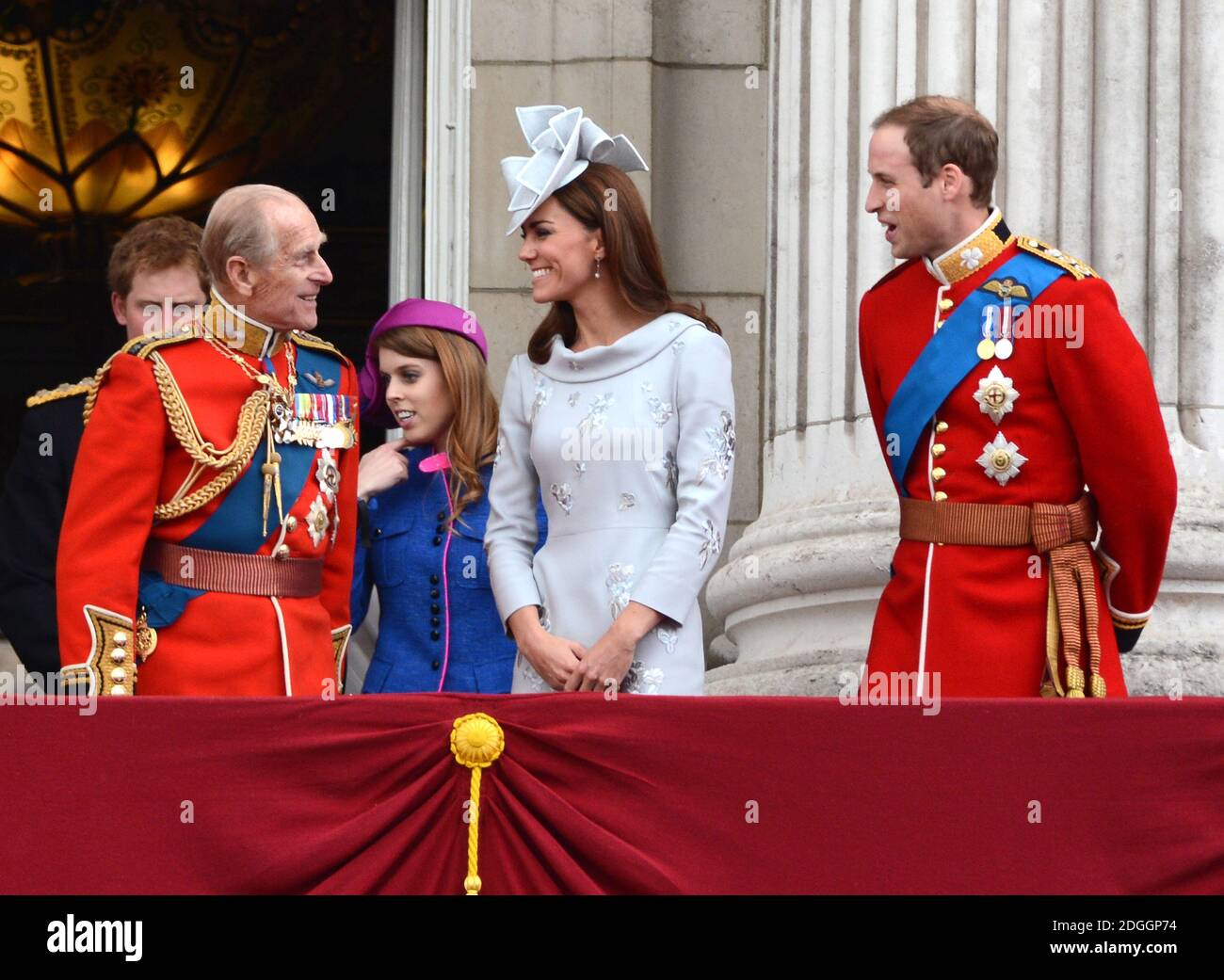 Left to Right Prince Harry Prince Philip Duke of Edinburgh Princess Eugenie Catherine Duchess of Cambridge and Prince William Duke of Cambridge watching a Royal Air Force fly pass with their family