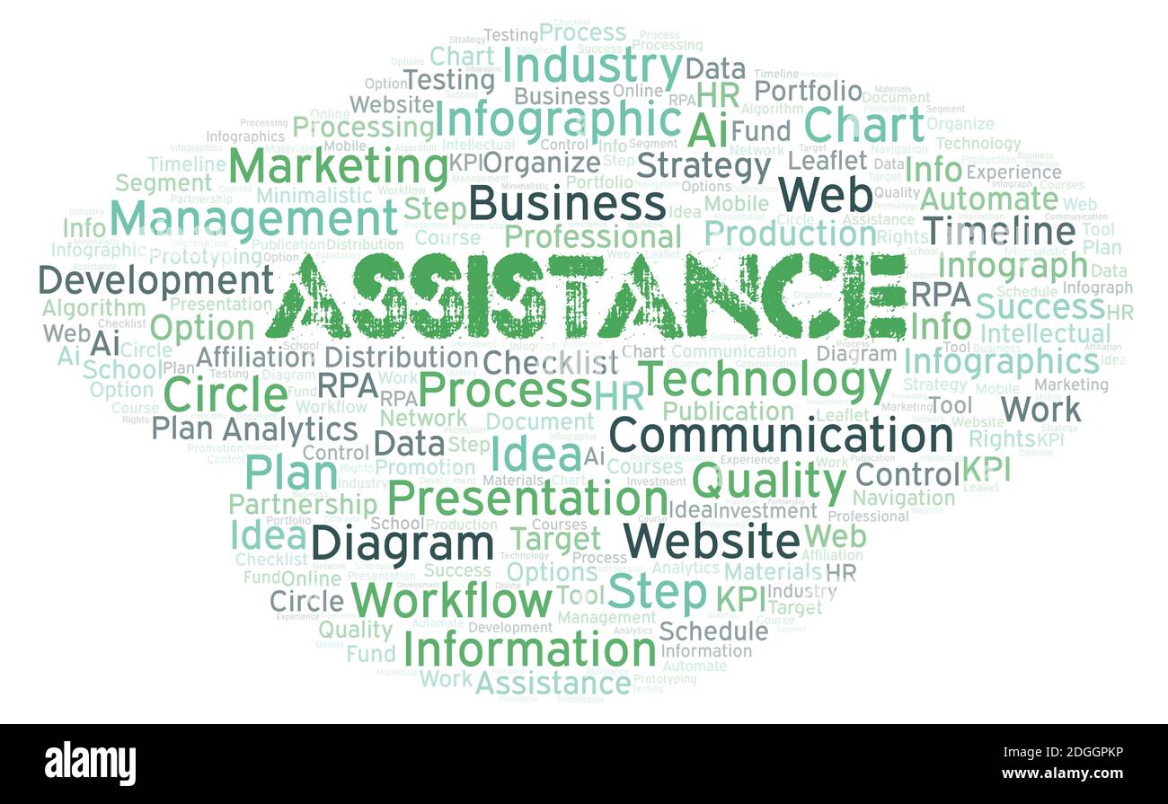 Assistance typography word cloud create with text only. Stock Photo