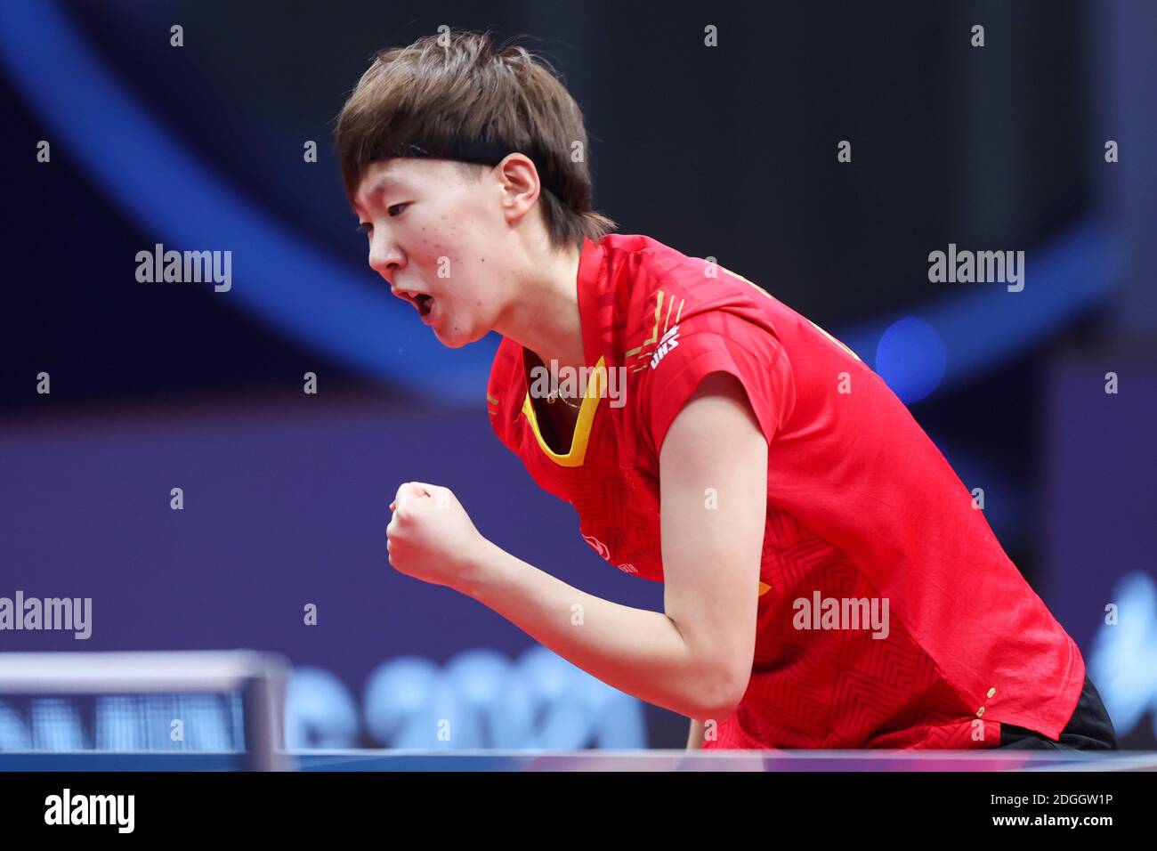 Chinese table tennis player Wang Manyu plays against Chinese table