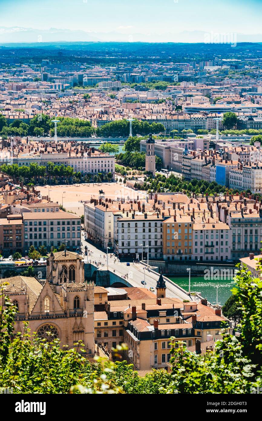 Lyon panorama elevated view on sunny day. Aerial panoramic view of Lyon with the skyline. Bellecour Square And Place Poncet, Lyo Stock Photo