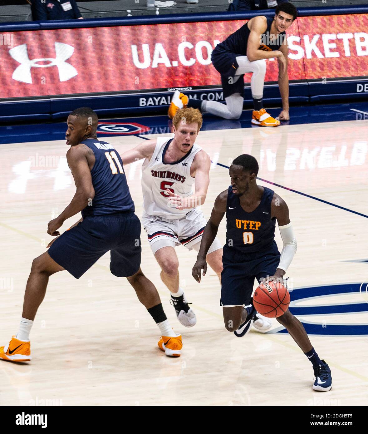 Moraga, CA U.S. 08th Dec, 2020. A. UTEP Miners guard Souley Boum #0 brings the ball up court during the NCAA Men's Basketball game between UTEP Miners and the Saint Mary's Gaels 61-73 lost at McKeon Pavilion Moraga Calif. Thurman James/CSM/Alamy Live News Stock Photo