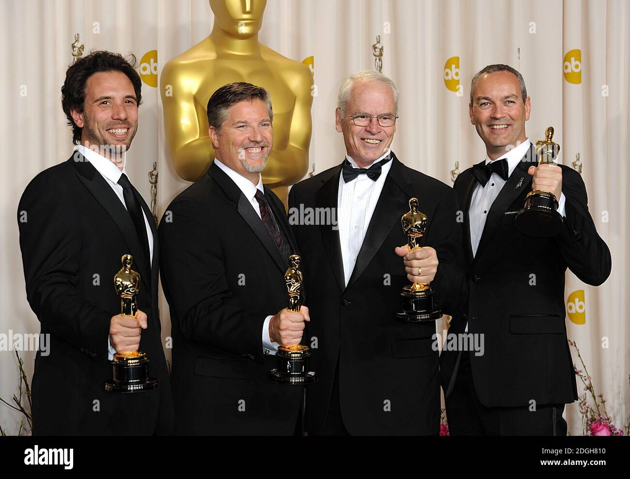 Guillaume Rocheron, Bill Westenhofer, Donald R Elliot and Erik-Jan De Boer with the Oscar for Achievement in Visual Effects received for Life of Pi at the 85th Academy Awards at the Dolby Theatre, Los Angeles. Stock Photo