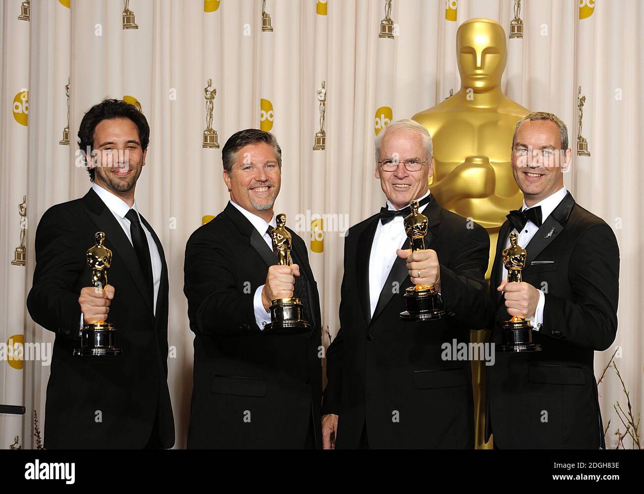 Guillaume Rocheron, Bill Westenhofer, Donald R Elliot and Erik-Jan De Boer with the Oscar for Achievement in Visual Effects received for Life of Pi at the 85th Academy Awards at the Dolby Theatre, Los Angeles. Stock Photo