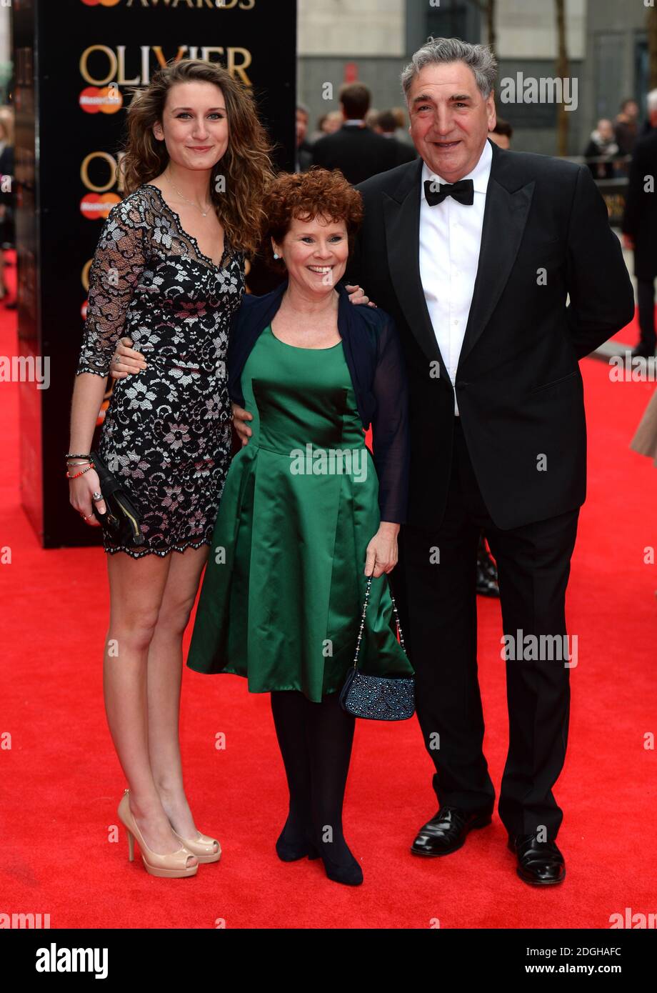 Imelda Staunton, Jim Carter and daughter arriving at the Olivier Awards 2013, Royal Opera House, Covent Garden, London. Stock Photo