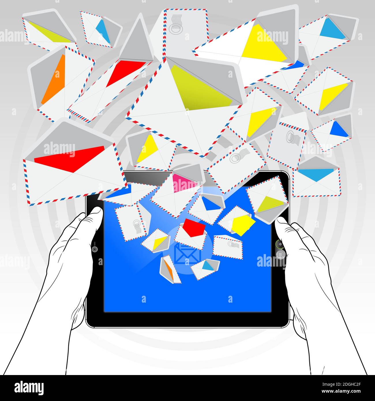 A Tablet Computer sending and receiving email via a high speed 5G mobile connection. A stream of email randomly emitting / streaming from its display. Stock Vector