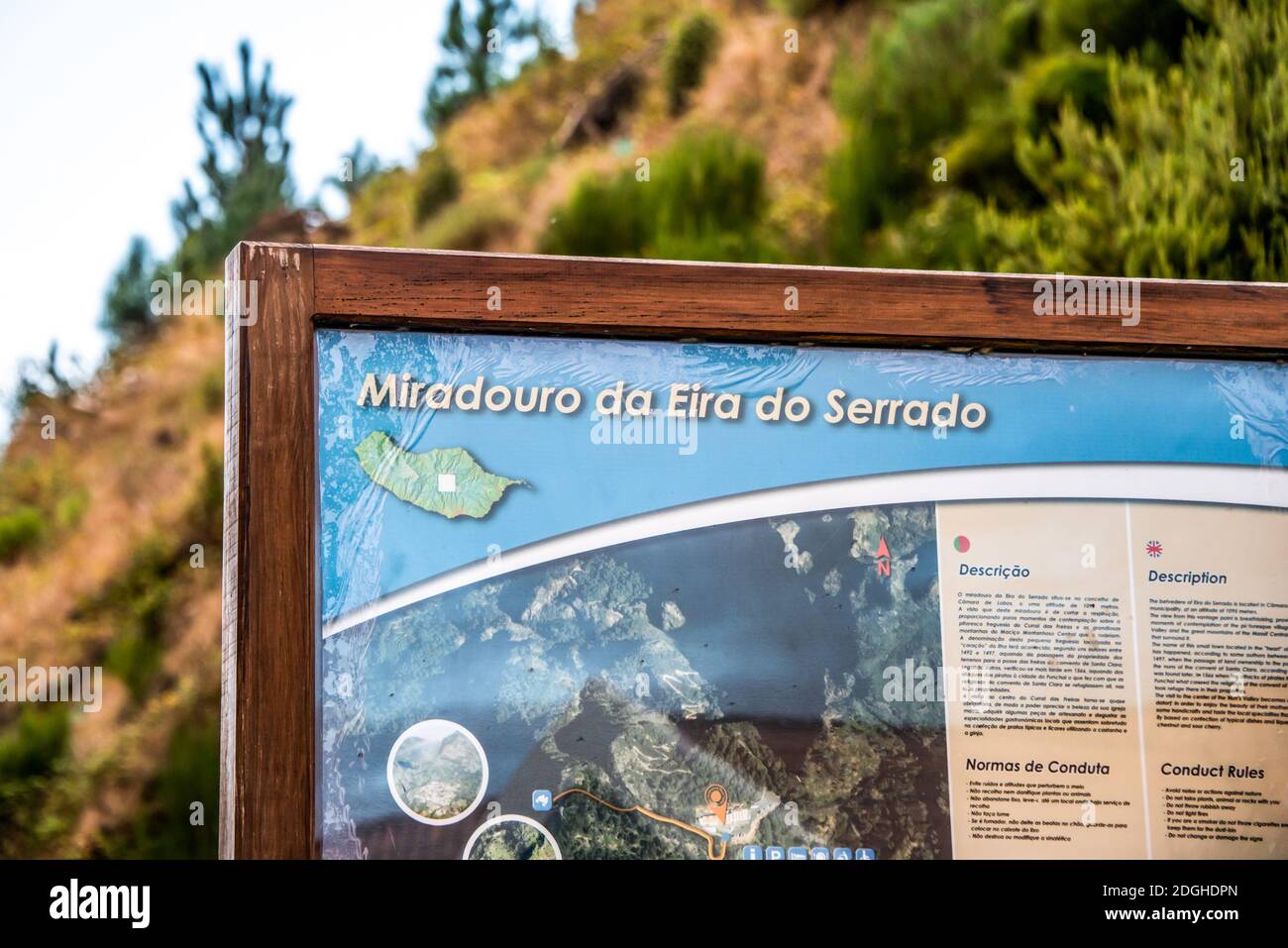 25.10.2018 Madeira Island Portugal Sign of the Panoramic mountains viewpoint Eira do Serrado above the Nun's Valley. Stock Photo