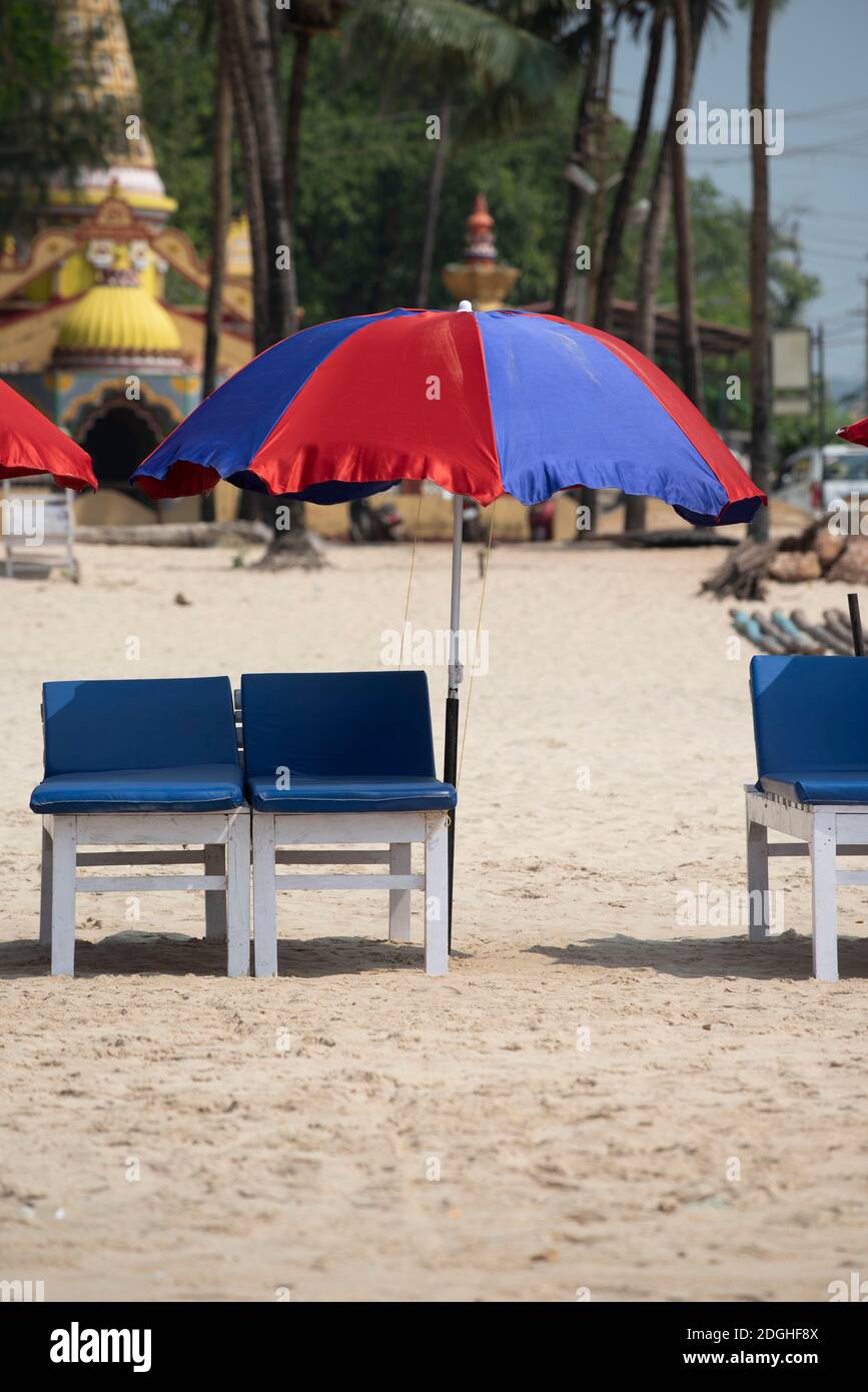 Goa/ India 09 November 2020 Covered wooden sun beds with colorful