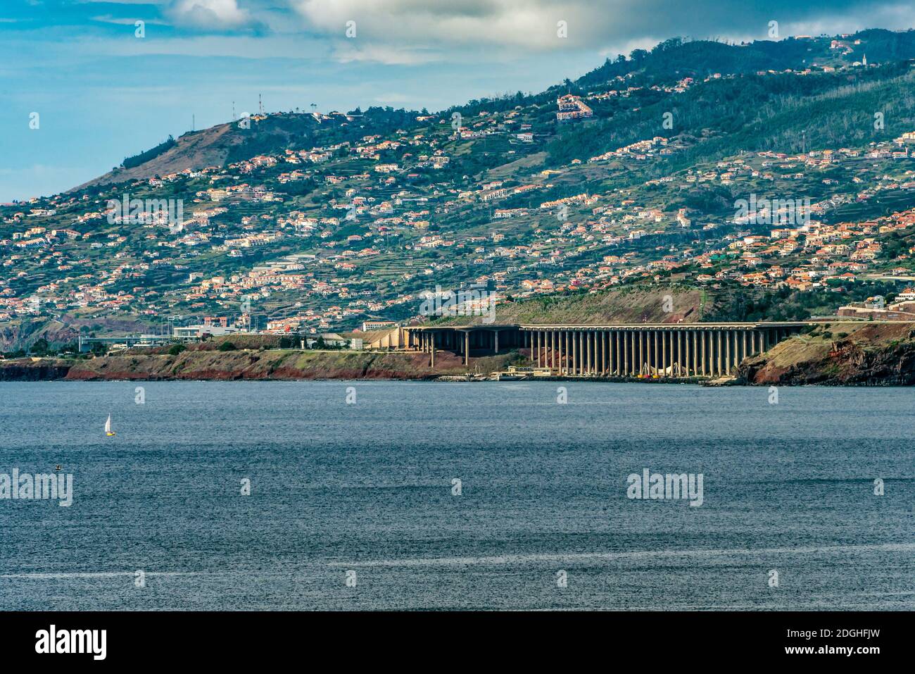 Coastline Madeira with Highway along Santa Cruz and a view at the airport runway near funchal. Stock Photo