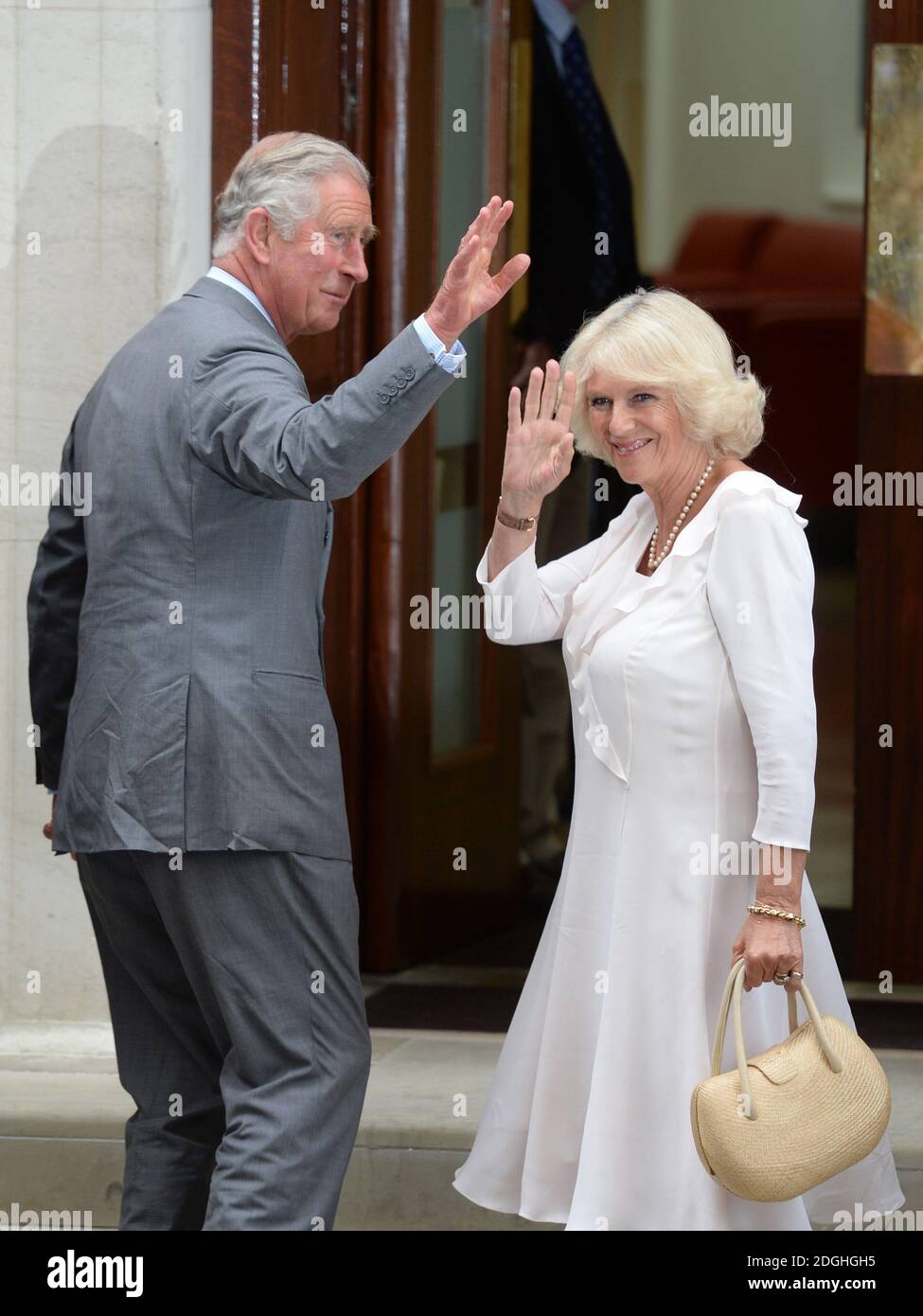 Prince Charles and The Duchess of Cornwall visiting Prince William and Kate Middleton, The Duke and Duchess of Cambridge at the Lindo Wing of St Mary's Hospital with their new born baby boy, Paddington, London. Stock Photo