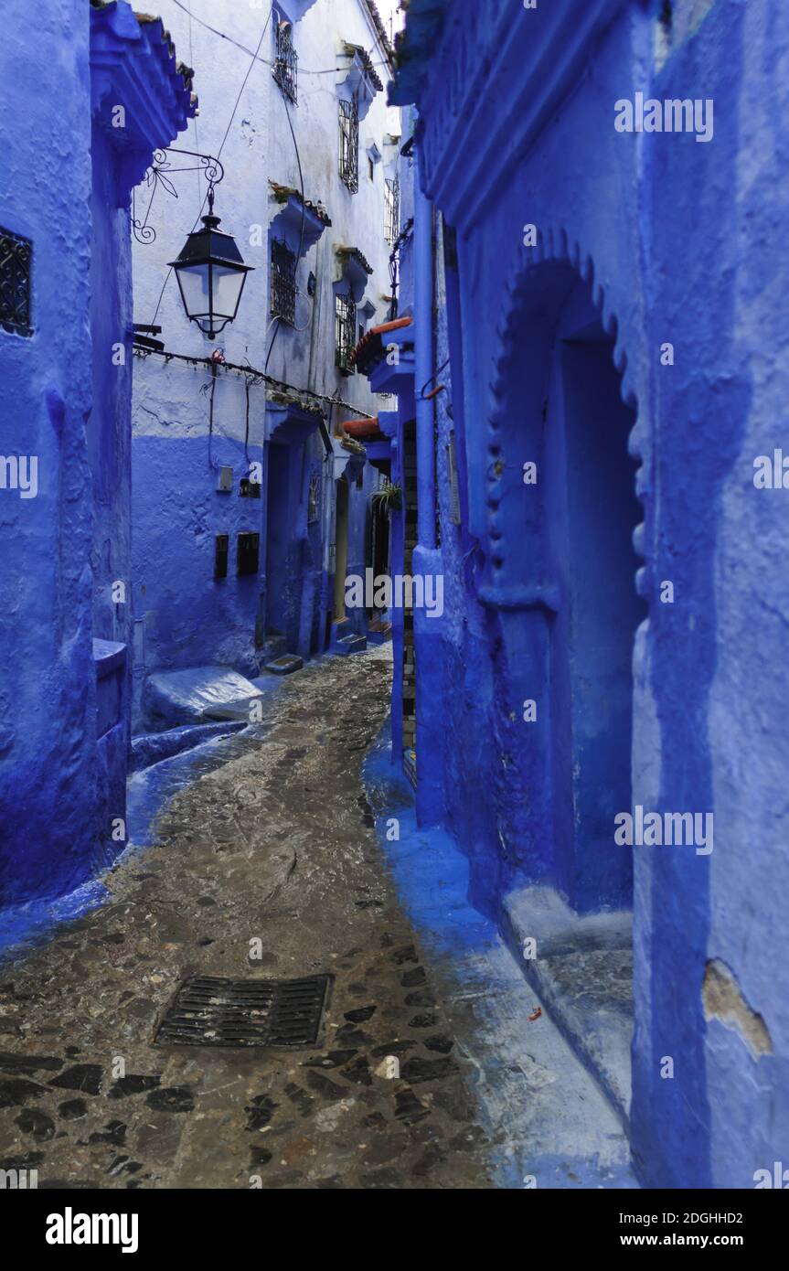 Street in the blue city Chefchaouen, Morocco, Africa. Stock Photo
