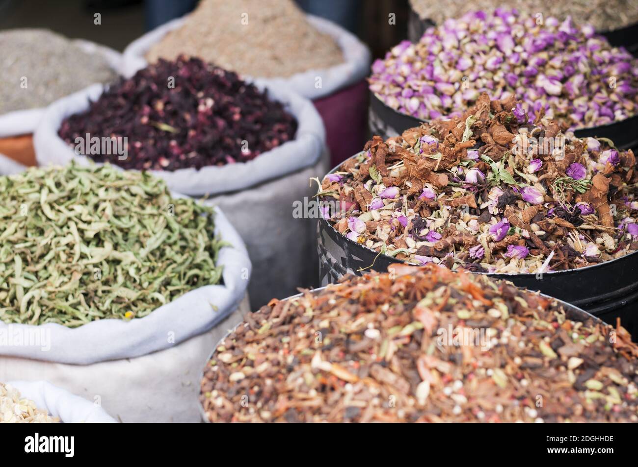Market stall with sacks full of herbal tea. Stock Photo