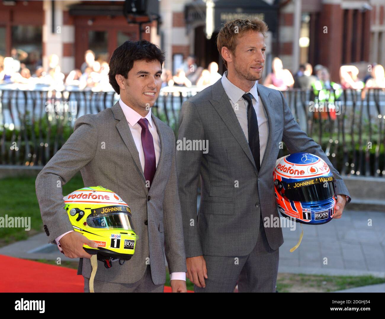 Sergio Perez and Jenson Button arriving at the World Premiere of Rush,  Odeon Cinema, Leicester Square, London Stock Photo - Alamy