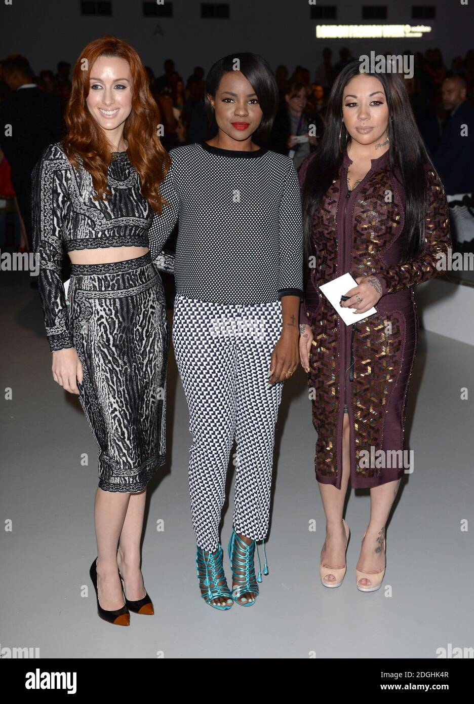 (Left to Right) Siobhan Donaghy, Mutya Buena and Keisha Buchanan of The Sugababes at the PPQ Catwalk Show, part of London Fashion Week, spring Summer 2014, BFC Showspace, Somerset House.   Stock Photo