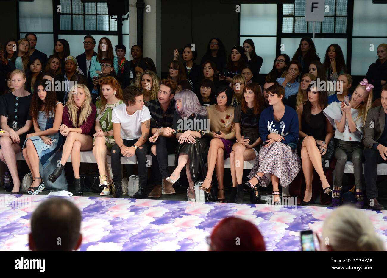 (Left to Right) Eliza Doolittle, Ellie Goulding, Nicola Roberts, Harry Styles, Nick Grimshaw, Kelly Osbourne, Leigh Lezark, Alexa Chung, Pixie Geldof and Daisy Lowe at the House of Holland Catwalk Show Catwalk Show, part of London Fashion Week, Spring Summer 2014, Goldsmiths Hall. Stock Photo
