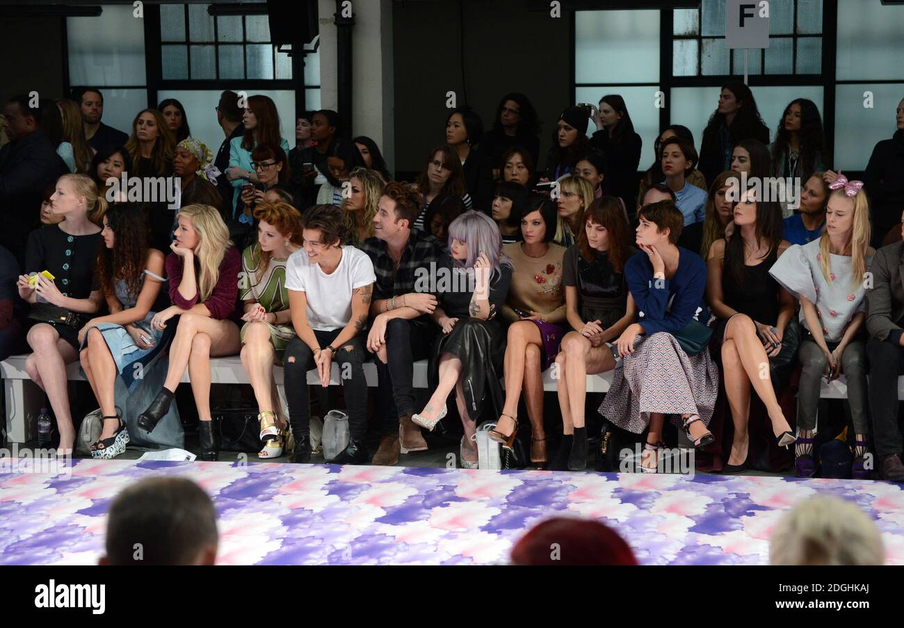 (Left to Right) Eliza Doolittle, Ellie Goulding, Nicola Roberts, Harry Styles, Nick Grimshaw, Kelly Osbourne, Leigh Lezark, Alexa Chung, Pixie Geldof and Daisy Lowe at the House of Holland Catwalk Show Catwalk Show, part of London Fashion Week, Spring Summer 2014, Goldsmiths Hall. Stock Photo