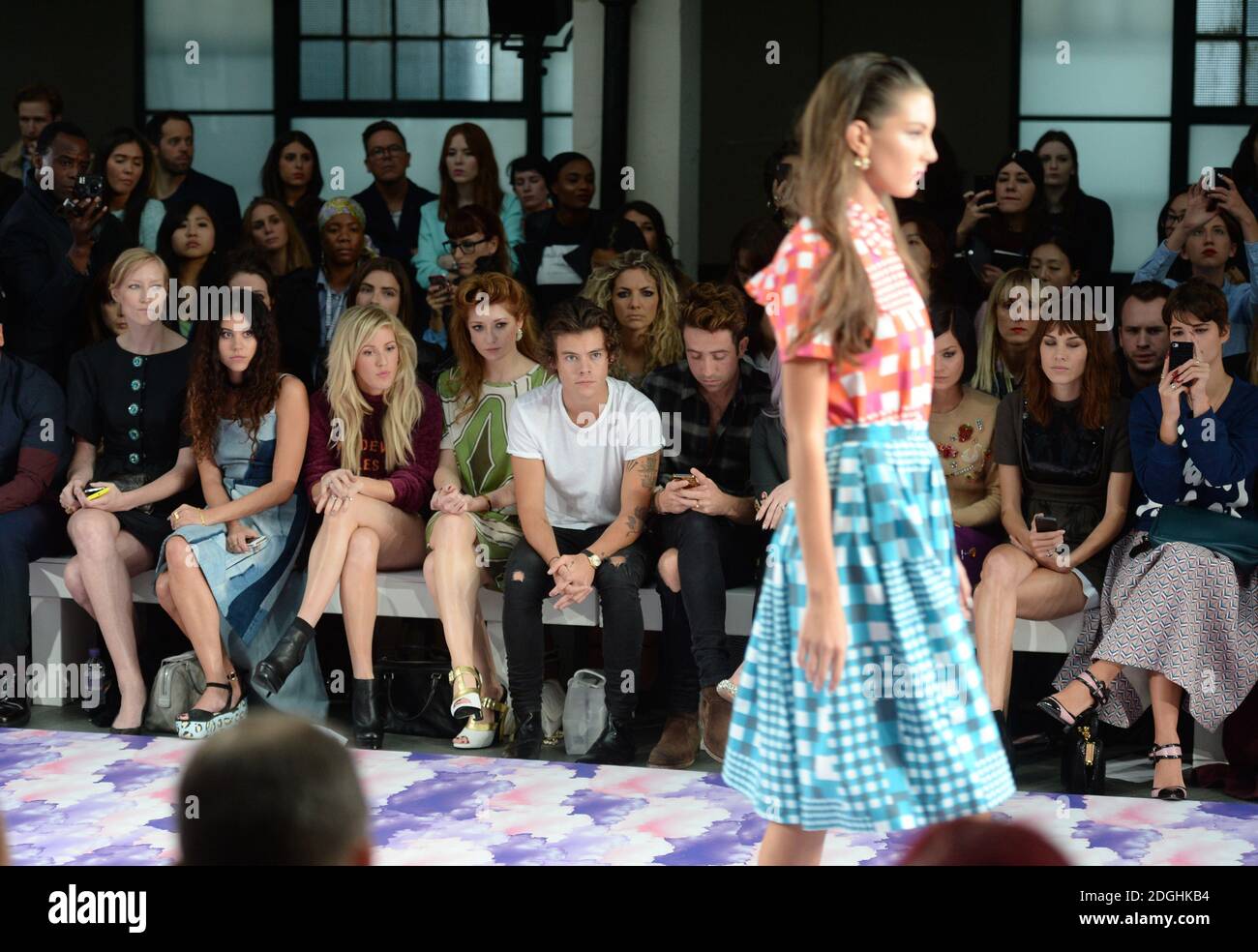 (Left to Right) Eliza Doolittle, Ellie Goulding, Nicola Roberts, Harry Styles, Nick Grimshaw, Leigh Lezark, Alexa Chung and Pixie Geldof attending the House of Holland Catwalk Show Catwalk Show, part of London Fashion Week, Spring Summer 2014, Goldsmiths Hall. Stock Photo