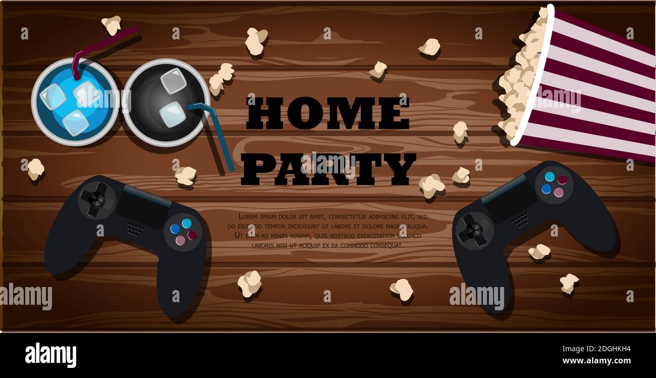 Top view of a wooden table with a game joystick, a basket of popcorn and drinks. The inscription home party. An invitation to a game party or watching movies. Postcard or advertisement for sale of equipment for computer games. vector illustration. Stock Vector