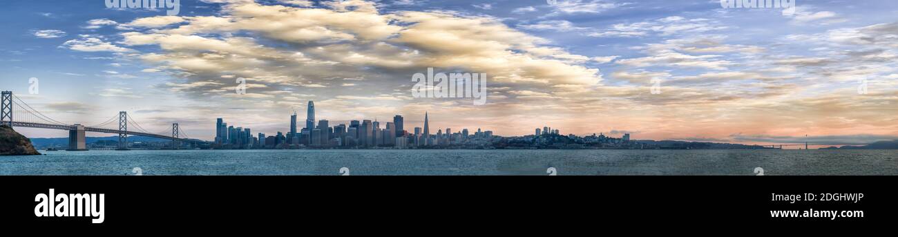 Panoramic view of San Francisco skyline at sunset Stock Photo