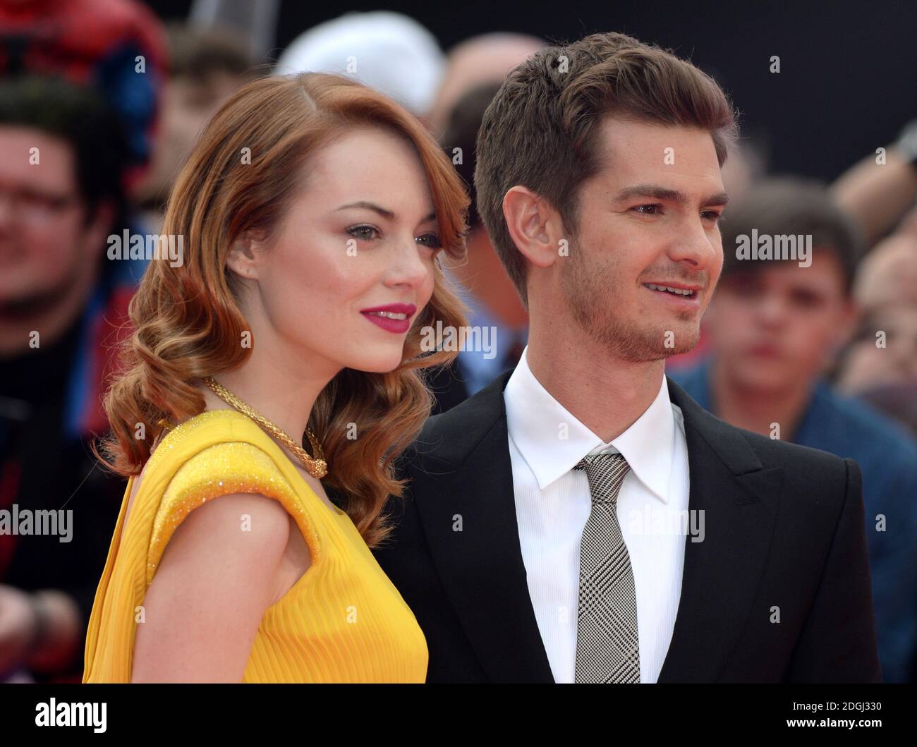 Emma Stone And Andrew Garfield Arriving For The World Premiere Of The Film The Amazing Spiderman 2 Held At The Odeon Leicester Square Central London Stock Photo Alamy