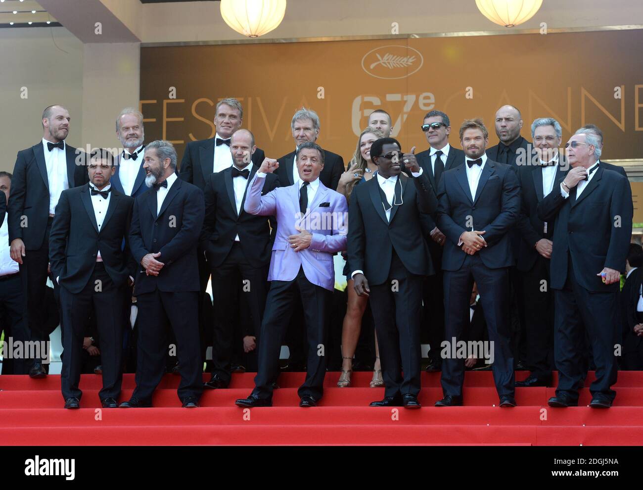 Glen Powell, Kelsey Grammer, Dolph Lundgren, Harrison Ford, director Patrick Hughes, Antonio Banderas, Randy Couture, Victor Ortiz, Mel Gibson, Jason Statham, Sylvester Stallone, Ronda Rousey, Wesley Snipes, Kellan Lutz, guest and producer Avi Lerner arriving at The Homesman Premiere, part of the 67th Festival de Cannes, Palais Du Festival, Cannes.    Stock Photo