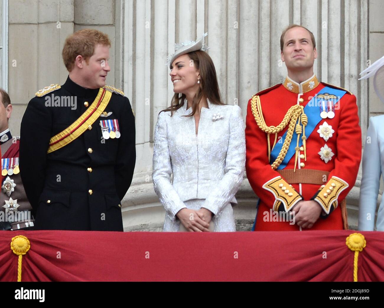 HM The Queen, he Duke of Edinburgh, Prince Harry, Prince William, The Duke of Cambridge, The Duchess of Cambridge, Prince Charles and The Duchess of Cornwall attending Trooping the Colour in London. Stock Photo