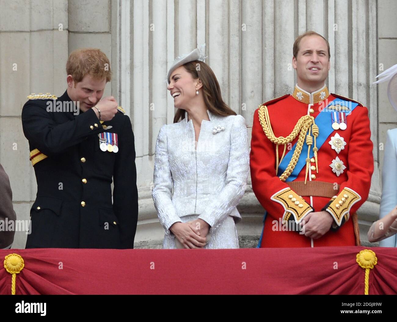 Prince Harry, Prince William, The Duke of Cambridge and The Duchess of Cambridge attending Trooping the Colour in London. Stock Photo