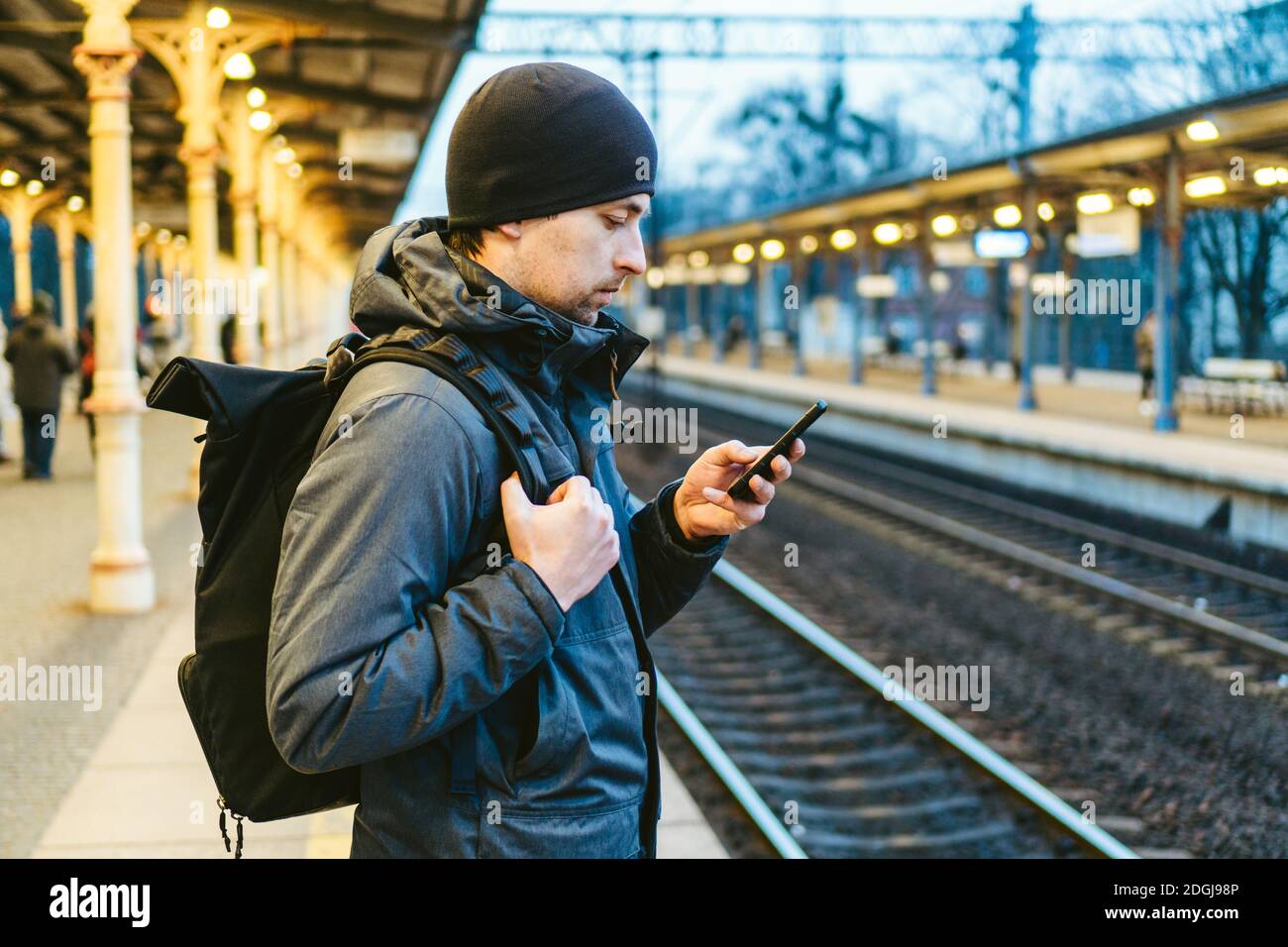 Sopot Railway station. traveler waiting for transportation. Travel concept. Man at the train station. Portrait Caucasian Male In Stock Photo