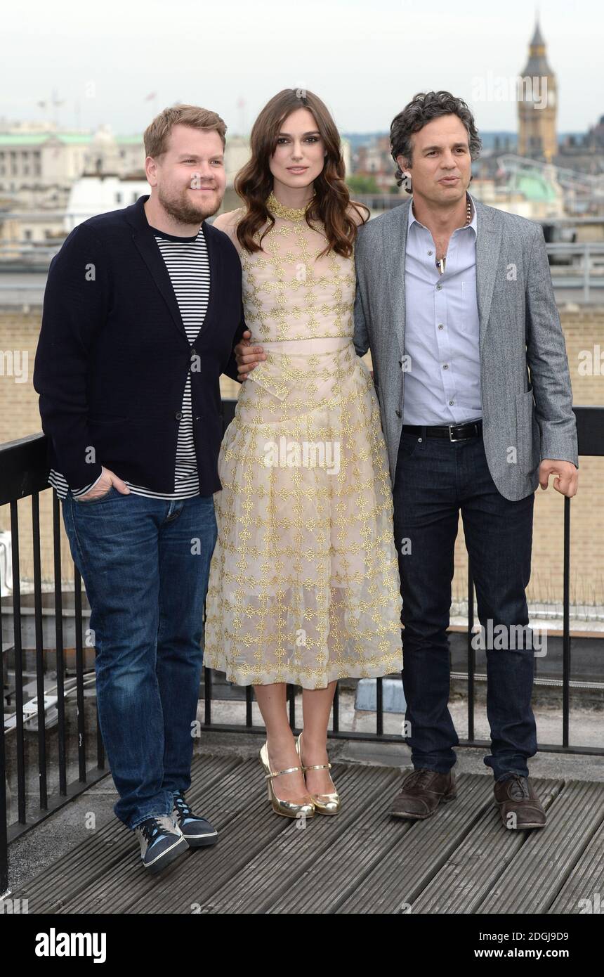 James Corden, Keira Knightley and Mark Ruffalo at the photocall for Begin Again, Picturehouse Cinemas, Leicester Square, London Stock Photo