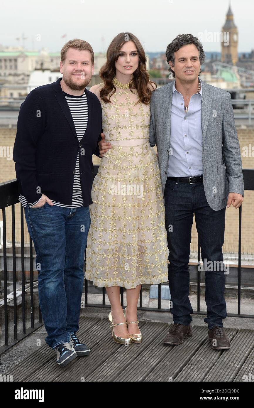 James Corden, Keira Knightley and Mark Ruffalo at the photocall for Begin Again, Picturehouse Cinemas, Leicester Square, London Stock Photo