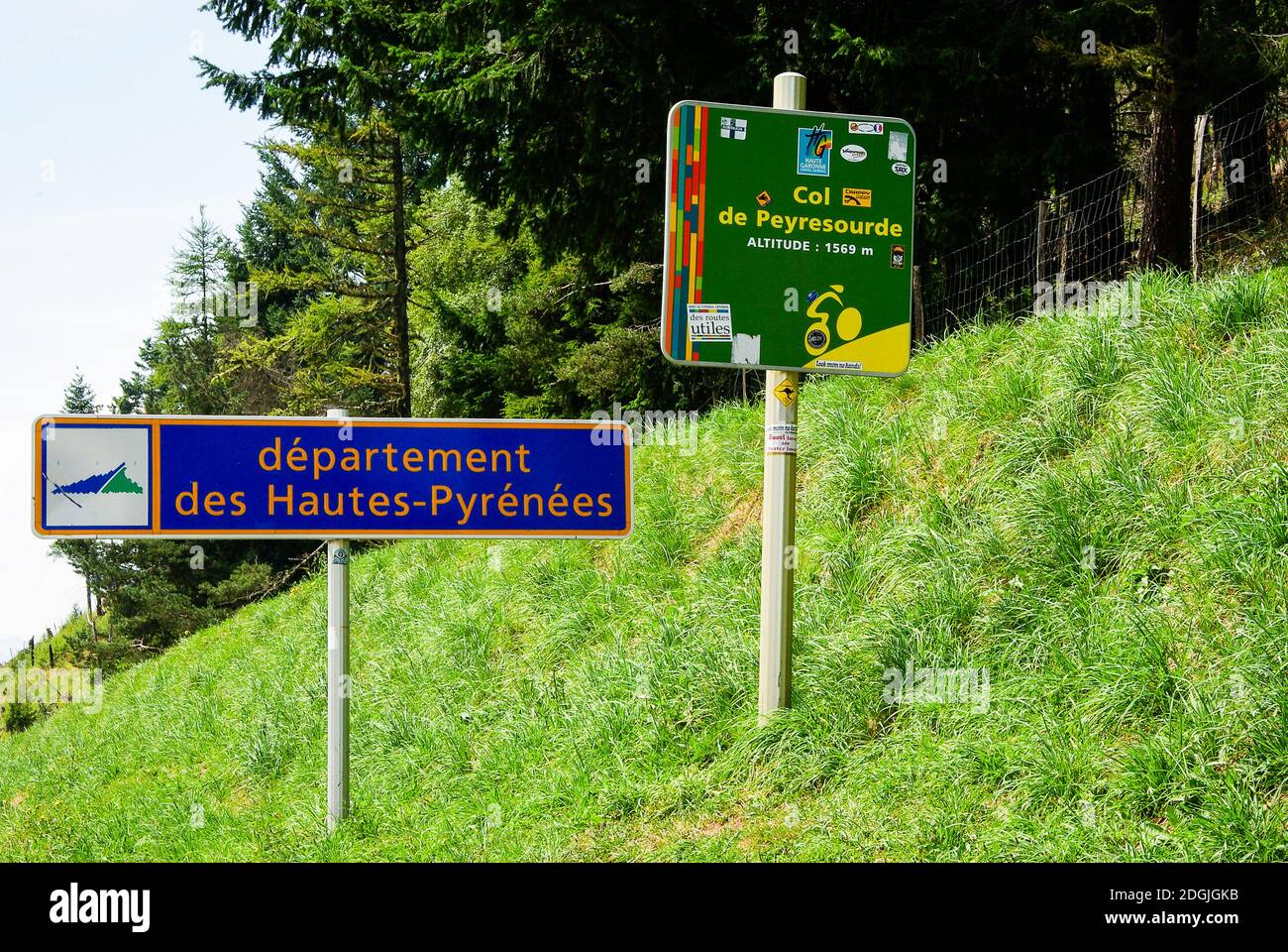 Signs at the entrance to the Tour de France Pass Col de Peyresourde which says 'Department High Pyrenees' in french Stock Photo