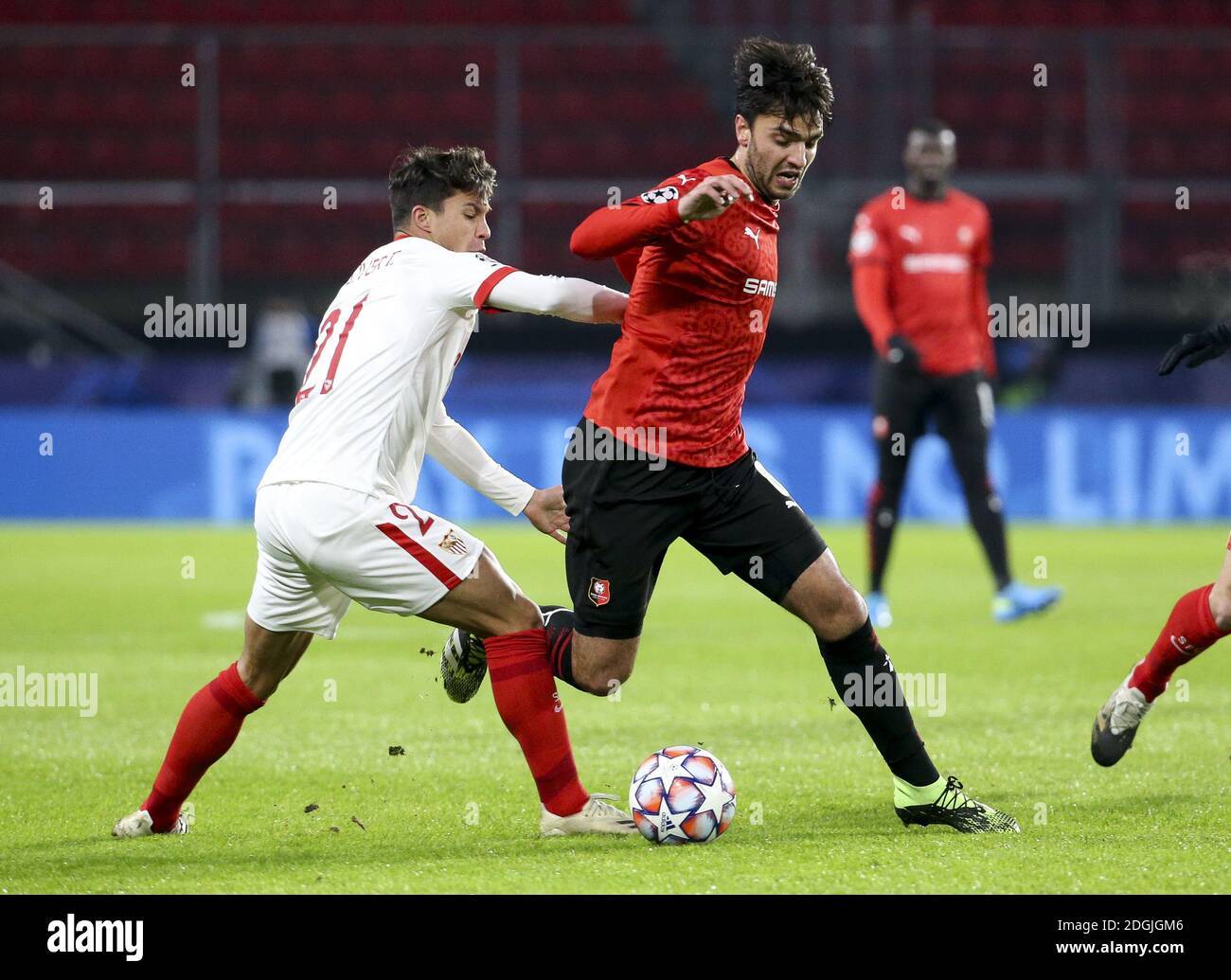 Clement Grenier of Stade Rennais, Oliver Torres of Sevilla FC (left) during the UEFA Champions League, Group E football match between Stade Rennais and Sevilla FC (FC Seville) on December 8, 2020 at Roazhon Park in Rennes, France - Photo Jean Catuffe / DPPI / LM Stock Photo