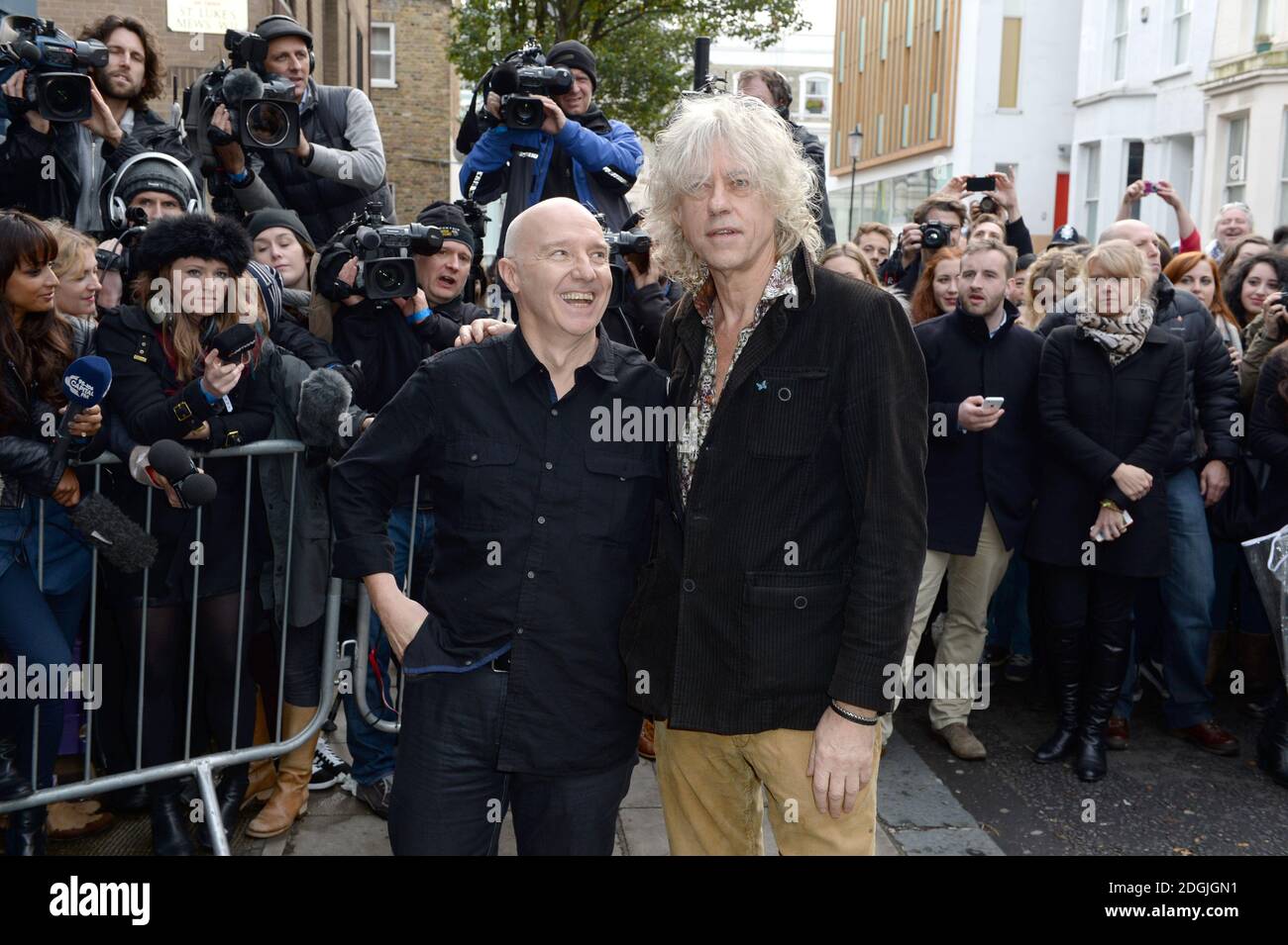 Bob Geldof and Midge Ure arriving at the Band Aid 30 recording at Sarm