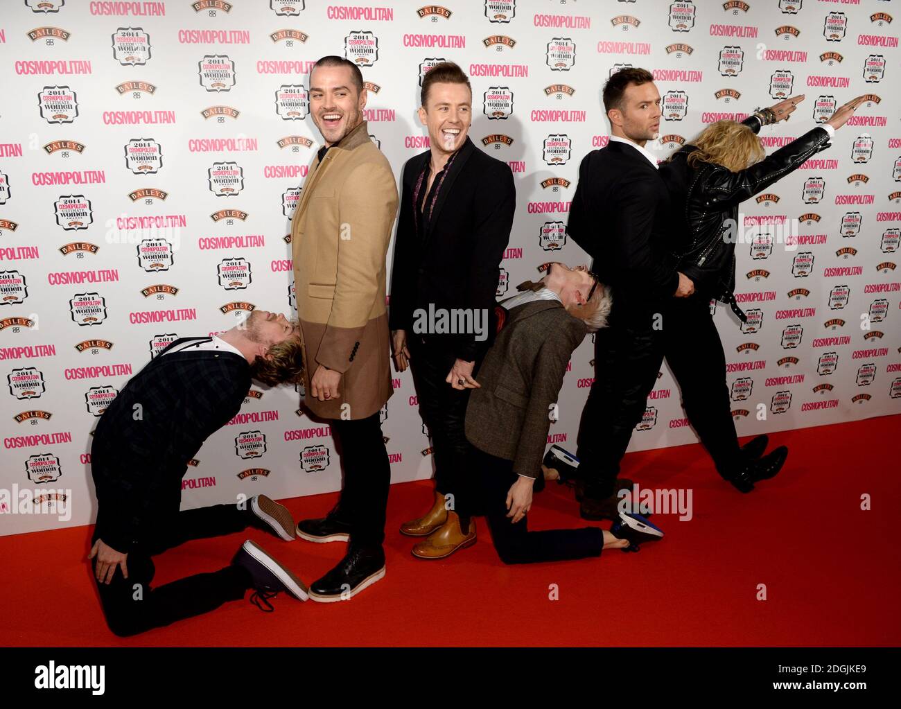 (left to right) James Bourne, Matt Willis, Danny Jones, Tom Fletcher, Harry Judd and Dougie Poynter of McBusted arriving at The Cosmopolitan Ultimate Women of the Year Awards, at the Victoria & Albert Museum, London Stock Photo