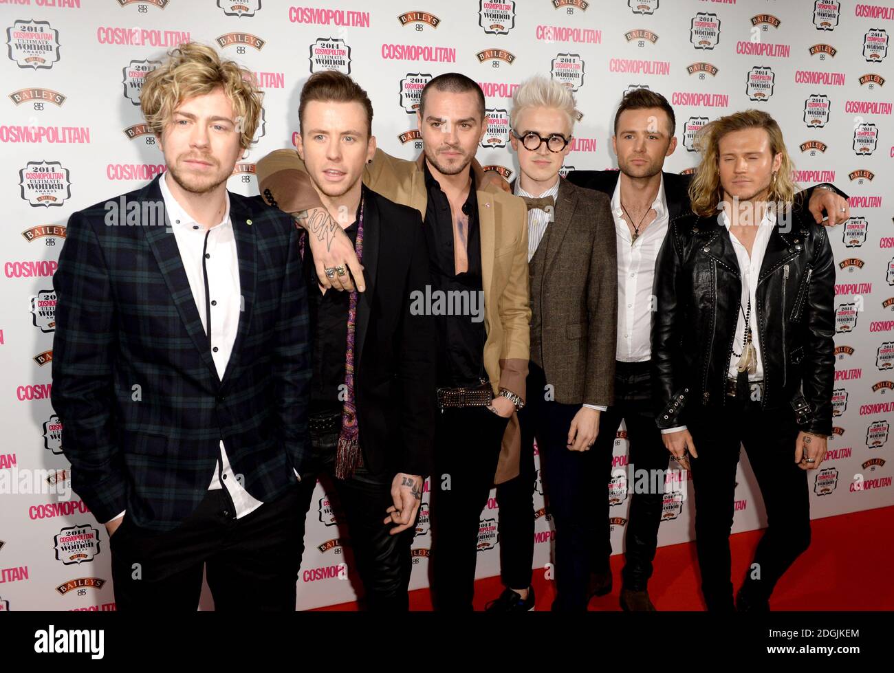 (left to right) James Bourne, Danny Jones, Matt Willis, Tom Fletcher, Harry Judd and Dougie Poynter of McBusted arriving at The Cosmopolitan Ultimate Women of the Year Awards, at the Victoria & Albert Museum, London Stock Photo