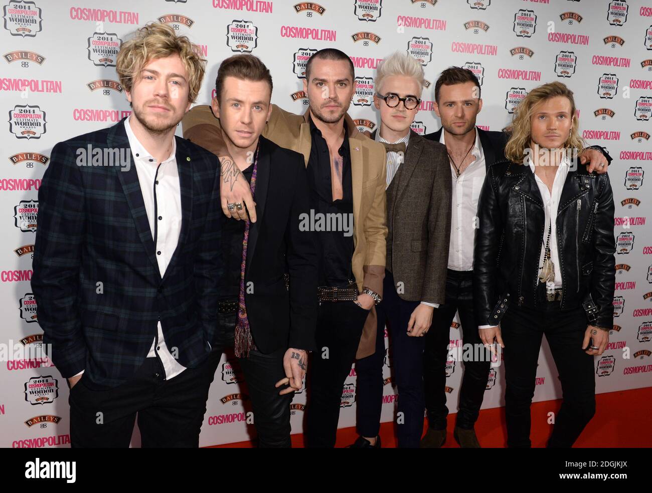 (left to right) James Bourne, Matt Willis, Danny Jones, Tom Fletcher, Harry Judd and Dougie Poynter of McBusted arriving at The Cosmopolitan Ultimate Women of the Year Awards, at One Mayfair, London. Stock Photo