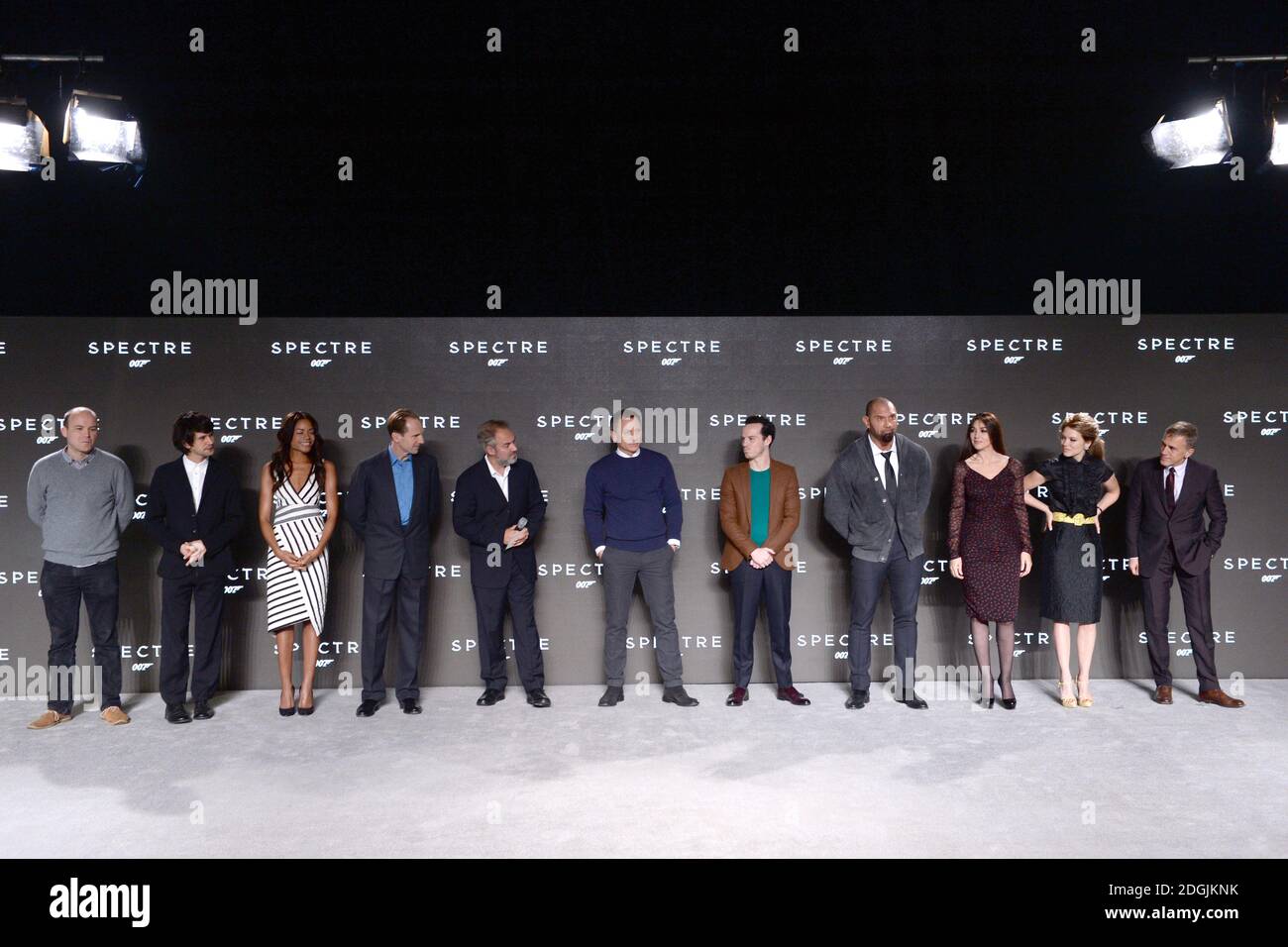 Rory Kinnear, Ben Whishaw, Naomie Harris, Ralph Fiennes, Sam Mendes, Daniel Craig, Andrew Scott, Dave Bautista, Monica Bellucci, Lea Seydoux and Christoph Waltz attend the BOND 24 live announcement to mark the start of production on the 24th Bond film held at Pinewood Studios, London   The title and cast of the 24th Bond film were revealed, marking the start of principal photography on Monday 8th December Stock Photo