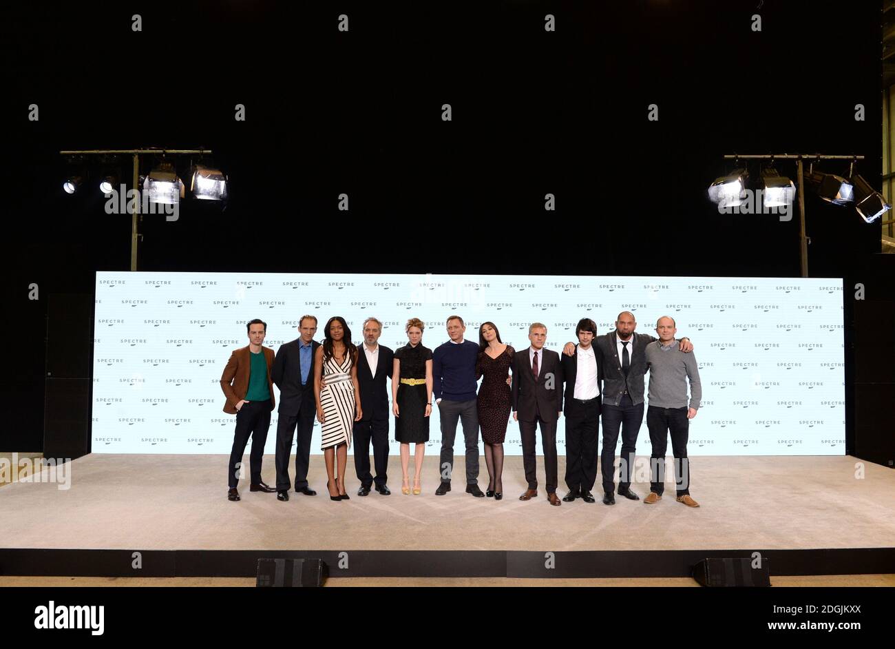 (L-R) Andrew Scott, Ralph Fiennes, Naomie Harris, Sam Mendes, Lea Seydoux, Daniel Craig, Monica Bellucci, Christoph Waltz, Ben Whishaw, Dave Bautista and Rory Kinnear attend the BOND 24 live announcement to mark the start of production on the 24th Bond film held at Pinewood Studios, London The title and cast of the 24th Bond film were revealed, marking the start of principal photography on Monday 8th December Stock Photo
