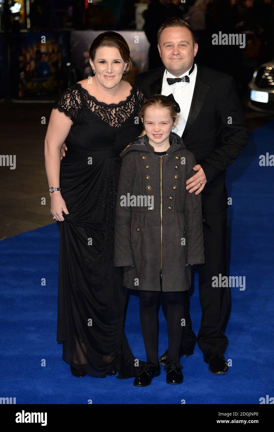 Sam Bailey, husband Craig Pearson and daughter Brooke arriving at the Night at the Museum Secret of The Tomb European Premiere, Empire Cinema, Leicester Square, London.  Stock Photo