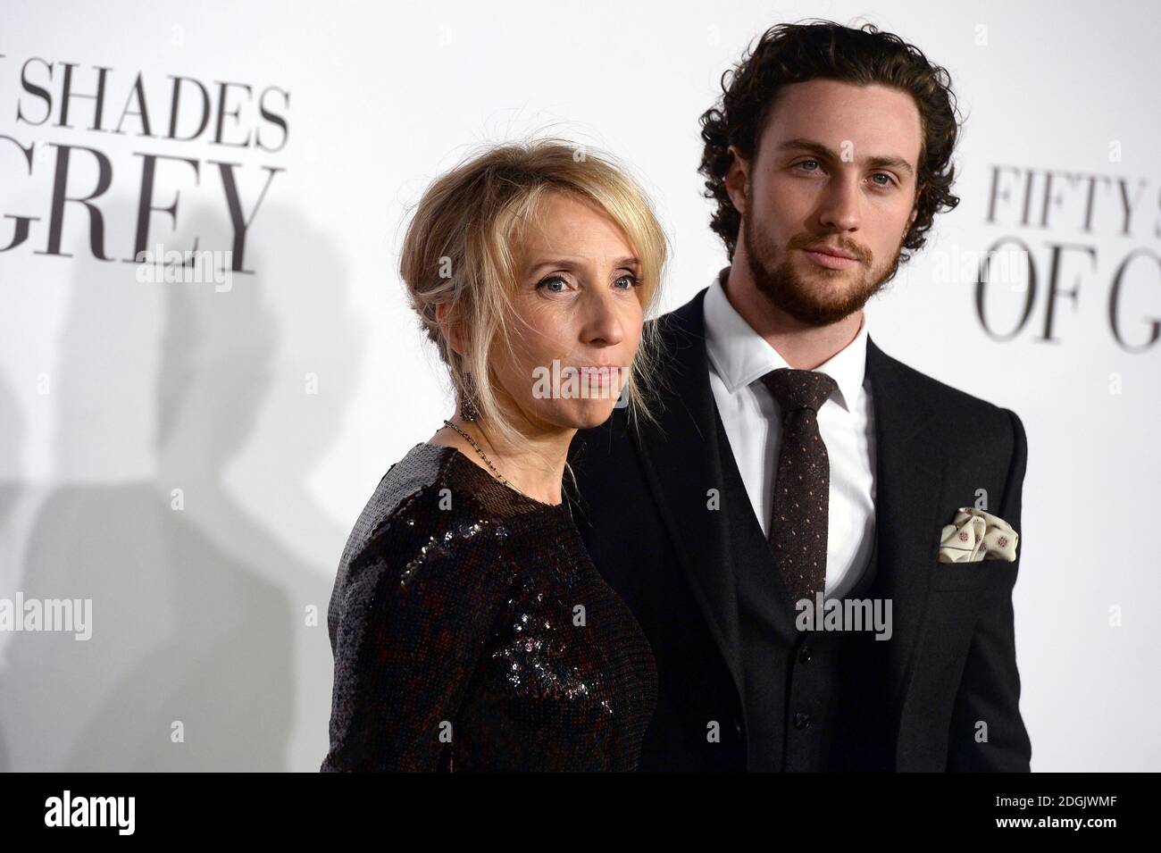 Sam Taylor-Johnson (left) and Aaron Taylor-Johnson (right) attending the UK film premiere of Fifty Shades Of Grey held at the Odeon cinema in Leicester Square, London Stock Photo