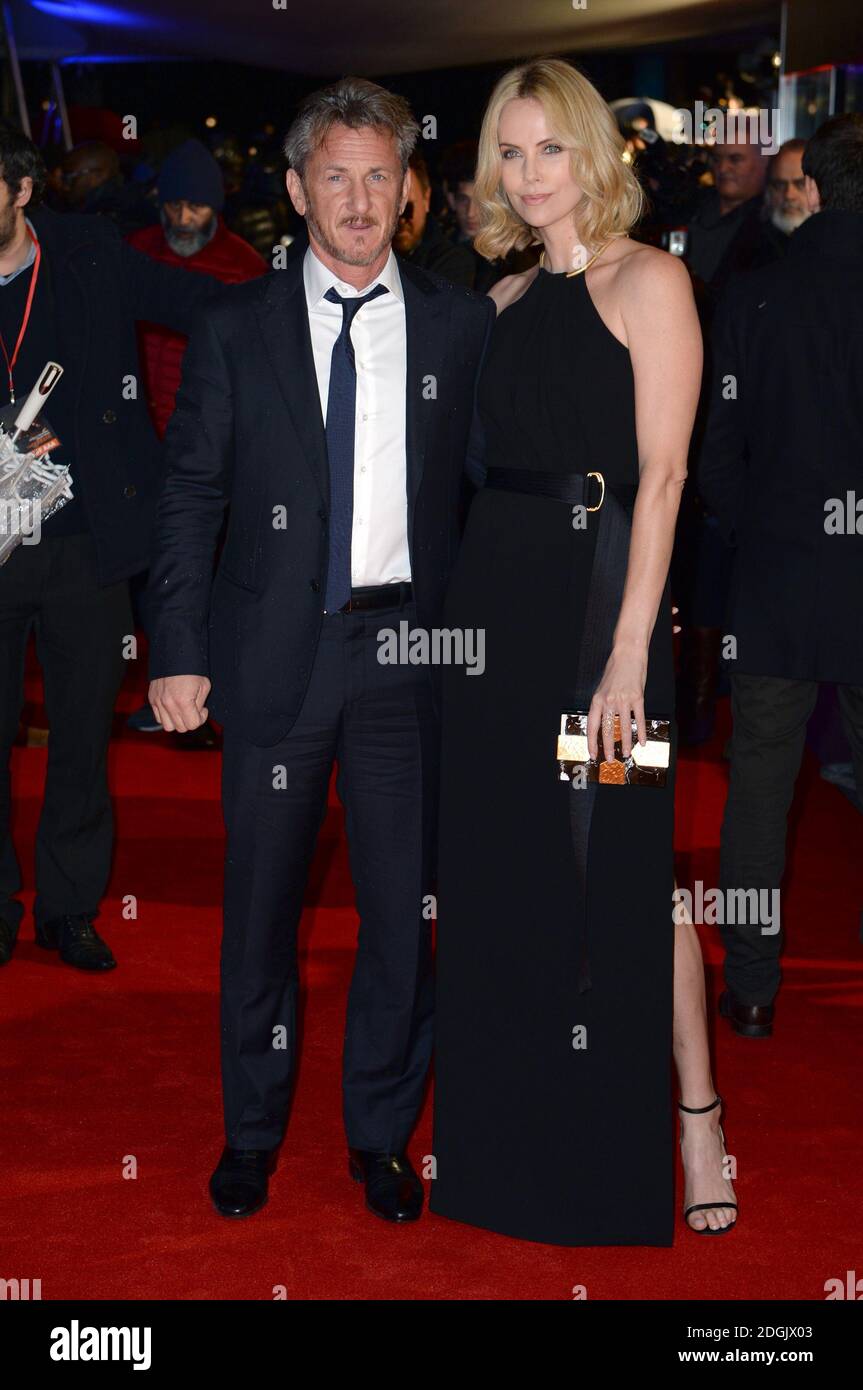 Sean Penn and Charlize Theron attending The Gunman UK film premiere held at the BFI Southbank, London. Stock Photo