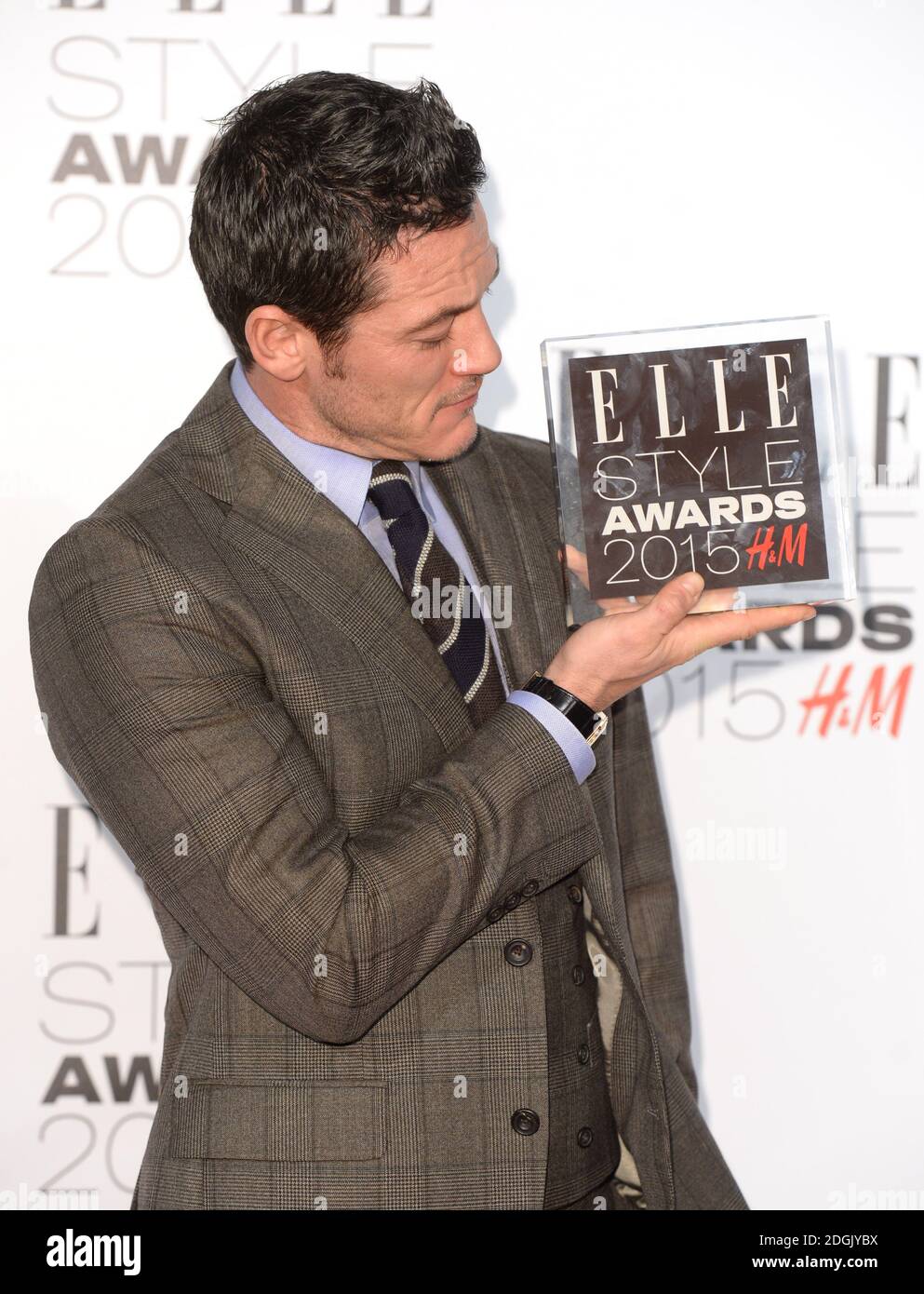 Actor of the Year winner Luke Evans backstage the Elle Style Awards 2015 held at the Sky Garden, The Walkie Talkie Tower on Fenchurch Street, London Stock Photo