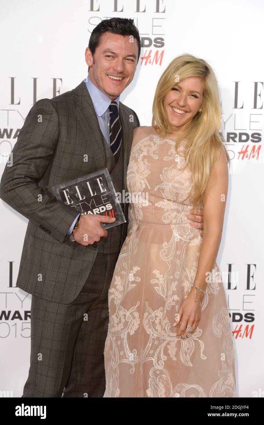 Actor of the Year winner Luke Evans (presented by Ellie Goulding) backstage the Elle Style Awards 2015 held at the Sky Garden, The Walkie Talkie Tower on Fenchurch Street, London Stock Photo