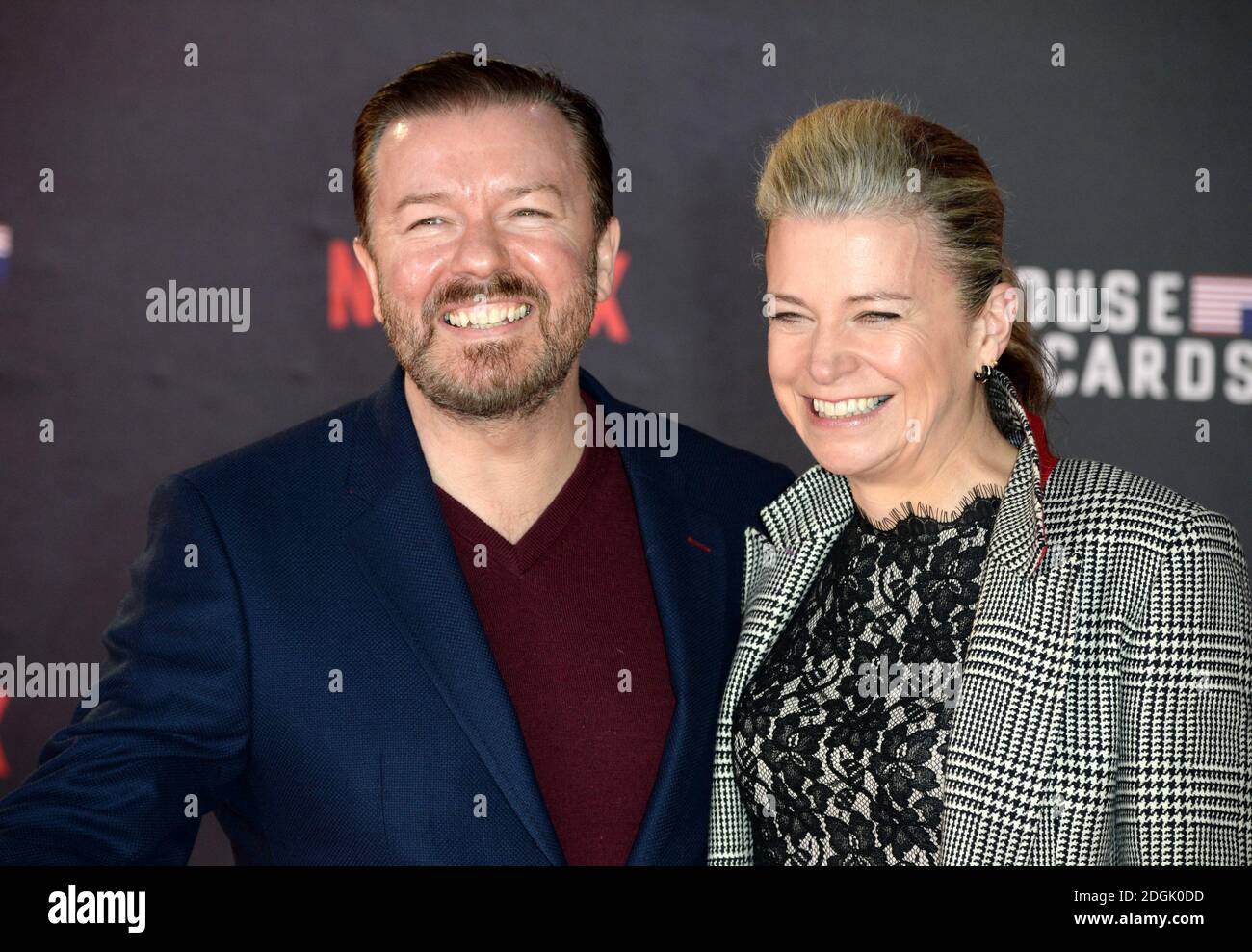 Ricky Gervais and Jane Fallon attending the House Of Cards Season 3