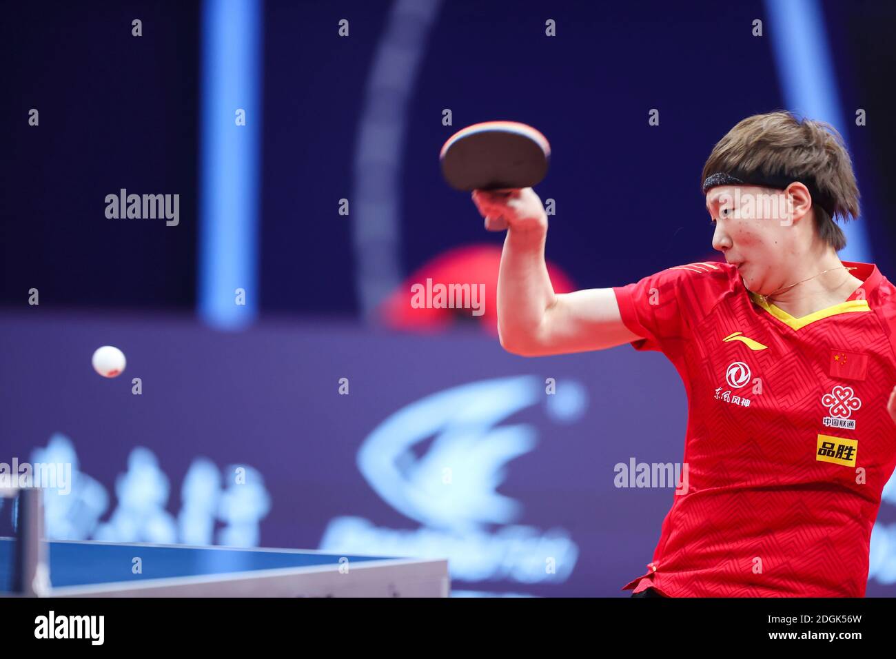 Chinese table tennis player Wang Manyu plays against Chinese table