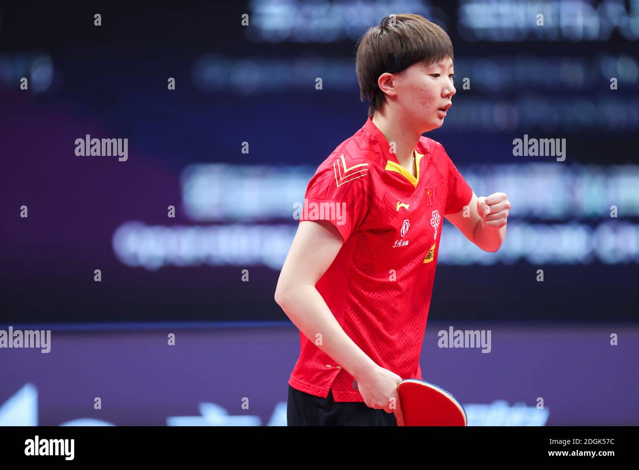 Chinese table tennis player Wang Manyu plays against Chinese table
