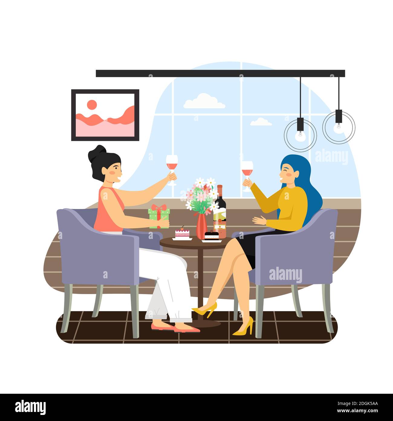 Two happy girls sitting at table and drinking wine at restaurant, flat vector illustration. Stock Vector